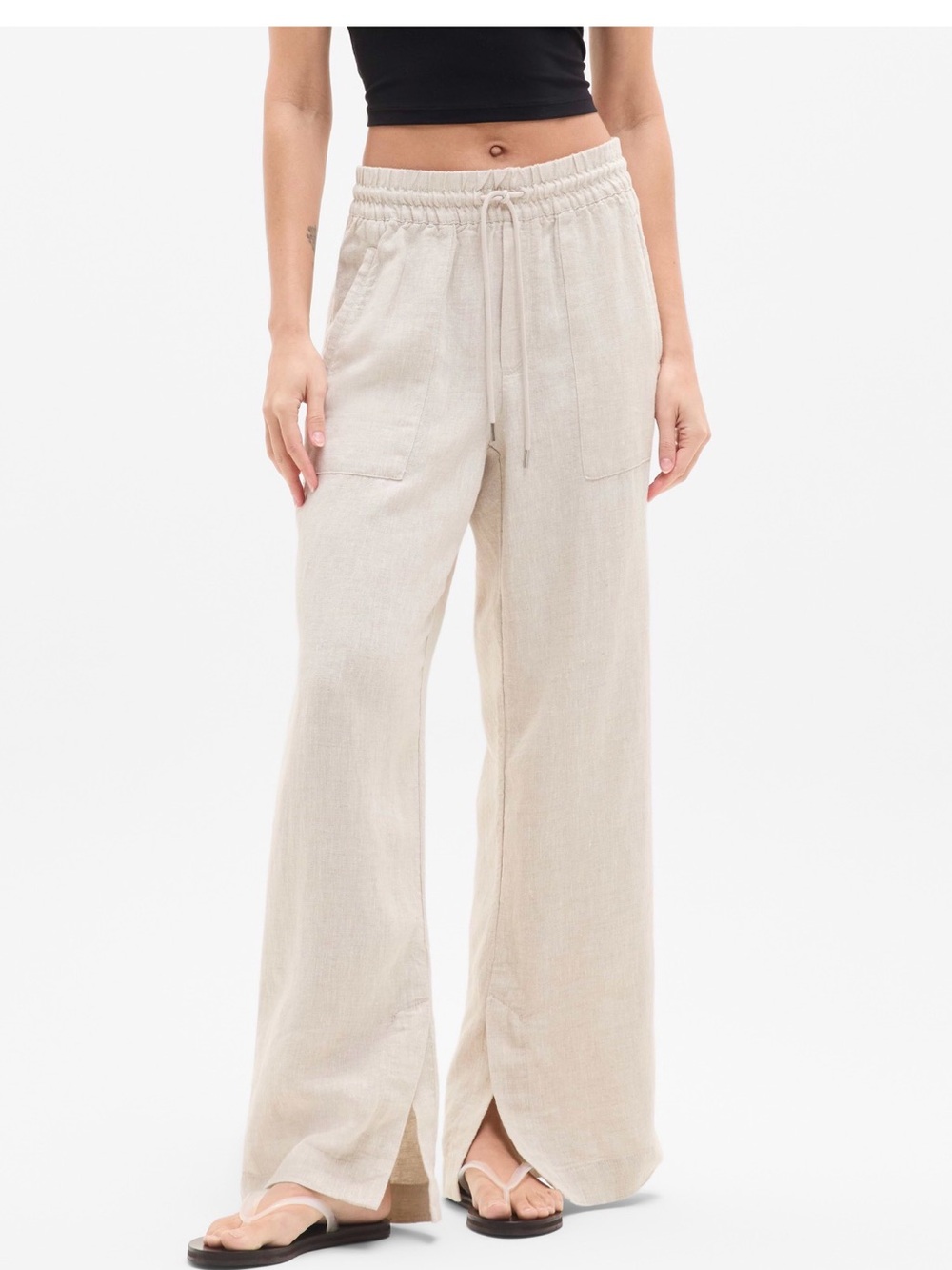 Athleta Beige Wide-Leg Drawstring Linen Pants